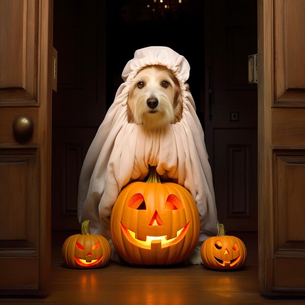 Dog in a carved pumpkin costume