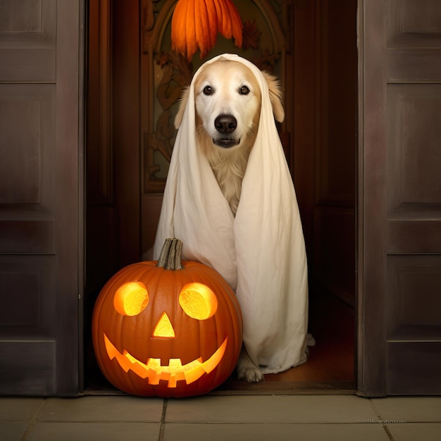 Dog in a carved pumpkin costume