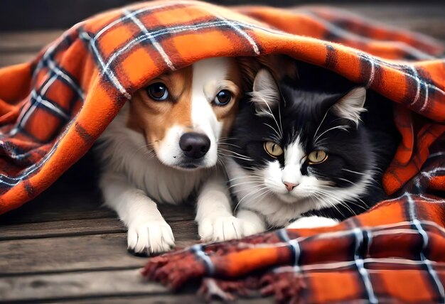 Photo a dog and a cat are under a blanket