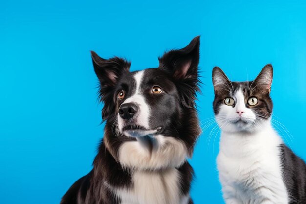 a dog and a cat are on a blue background