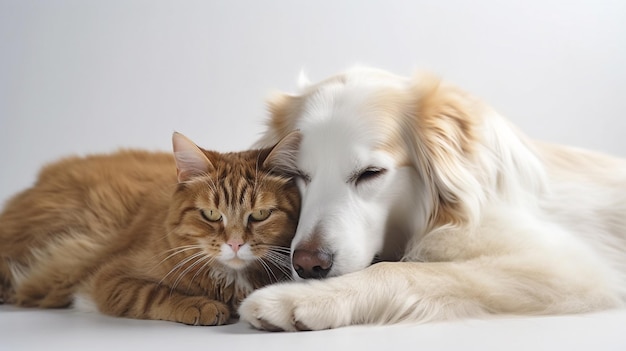 A dog and a cat are both in front of a white background.