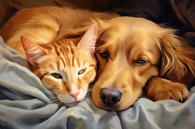 A dog and a cat are found together with the dog affectionately embracing the cat below a cozy rug in...