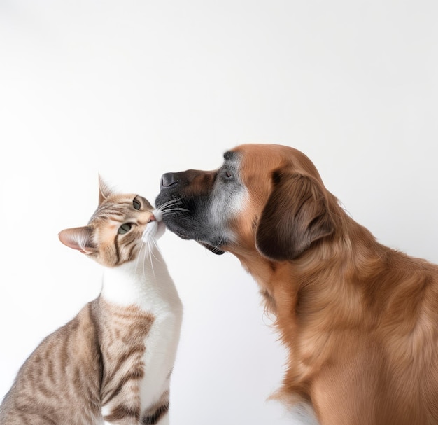 A dog and a cat are kissing each other.