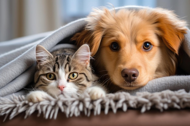 A dog and a cat are laying under a blanket.