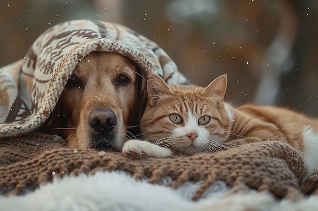 a dog and a cat are laying on a blanket