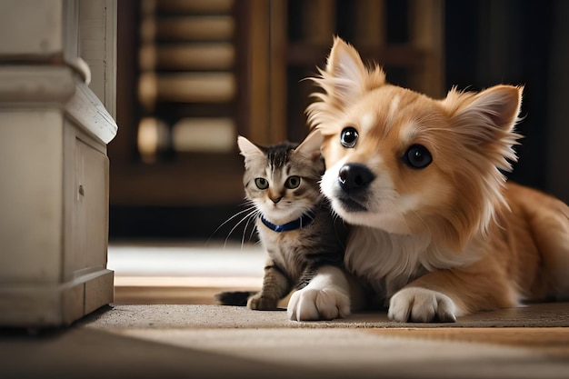 A dog and a cat are laying on the floor