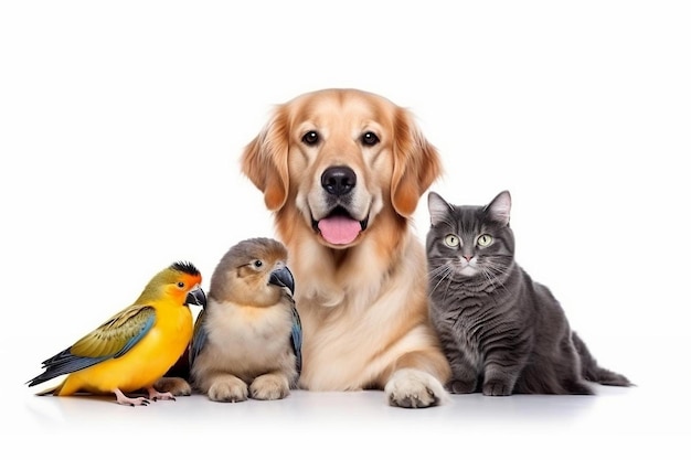 Photo a dog and a cat are looking at a bird and a bird