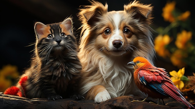 собака и кошка смотрят на птицу
