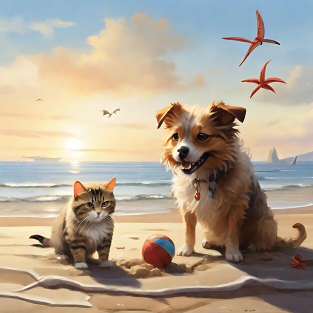 a dog and a cat are playing at the beach AI