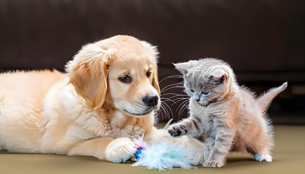 собака и кошка играют с игрушкой.