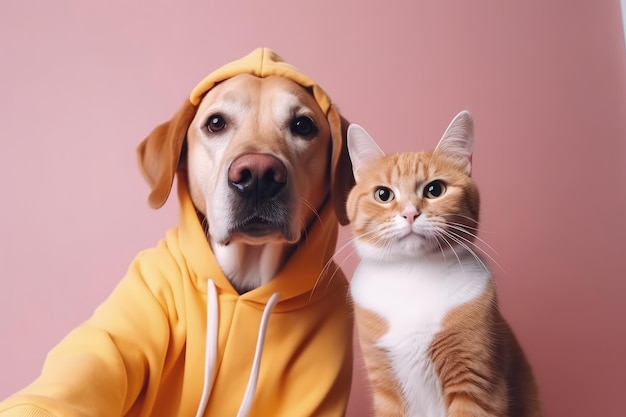 A dog and a cat are posing for a photo together