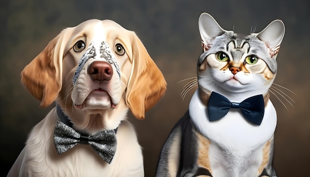 a dog and a cat are posing for a photo with a bow tie.