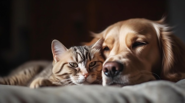 A dog and a cat are resting together on a bed.