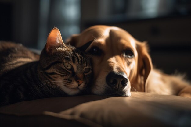 A dog and cat are resting together on a pillow.