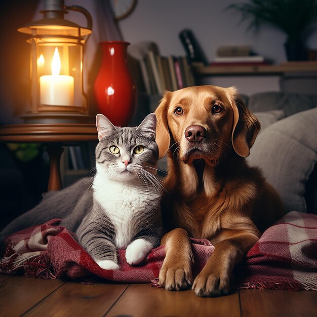 a dog and a cat are sitting on a blanket