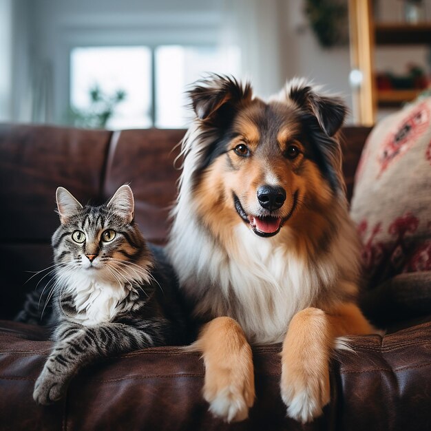 개 와 고양이 가 소파 에 앉아 있다