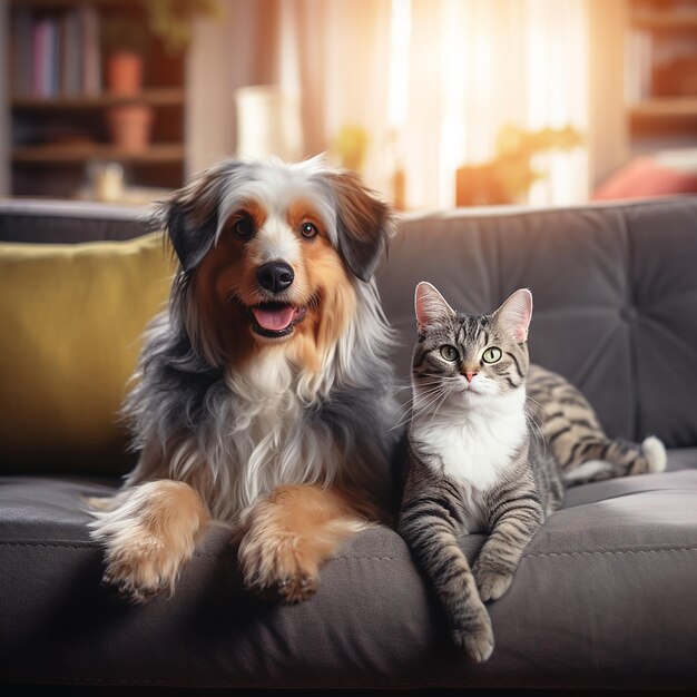 犬と猫がソファに座っている