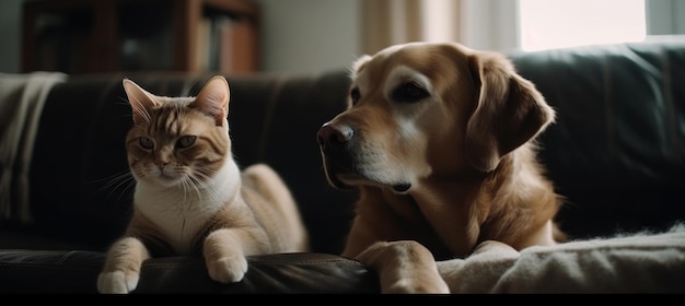 A dog and cat are sitting on a couch.