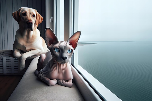 개 와 고양이 가 창문 에서 서로 에 앉아 있다