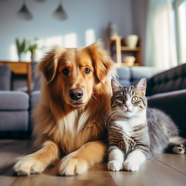 a dog and a cat are sitting on the floor