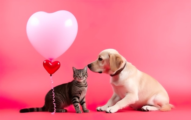 A dog and a cat are sitting next to a heart shaped balloon.