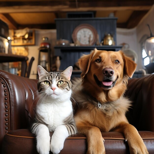 a dog and a cat are sitting on a leather couch