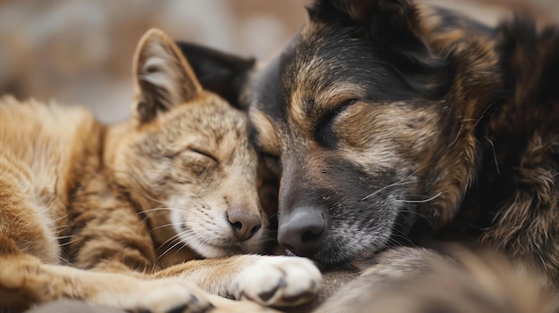 A dog and a cat are sleeping next to each other The dog has its paw around the cat They both look very peaceful