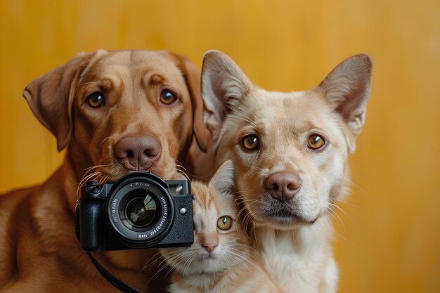 Photo a dog and a cat are taking a picture together with a camera lens and a camera strap on their neck a