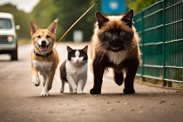 A dog and a cat are walking together on a leash.