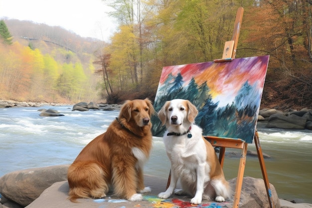 Foto artisti di cani e gatti che dipingono insieme paesaggi ad acquerello creati con l'ia generativa