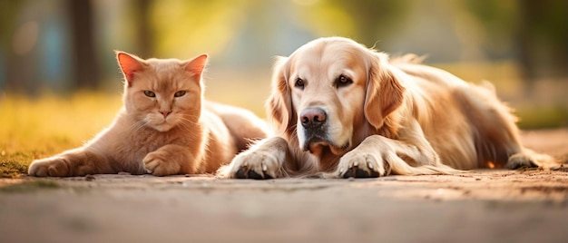 犬と猫の親友が屋外で一緒に遊んでいる