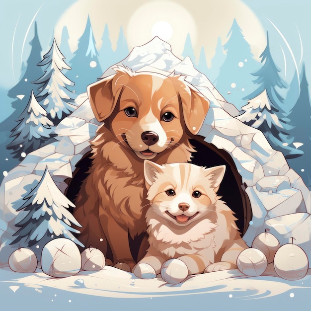 Dog And Cat Building A Snow Fort Winter Fortress Snow Cartoon Illustration Background