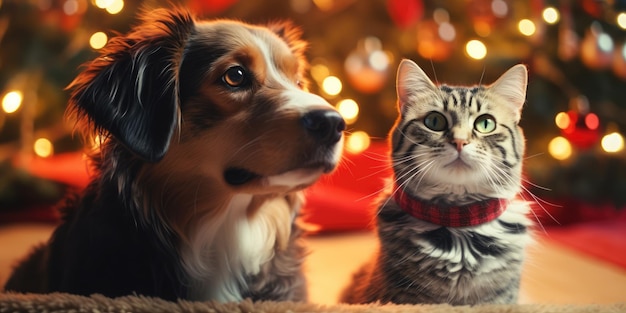 Собака и кошка празднуют Рождество вместе