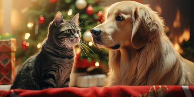 Dog and cat celebrate christmas together ai generative