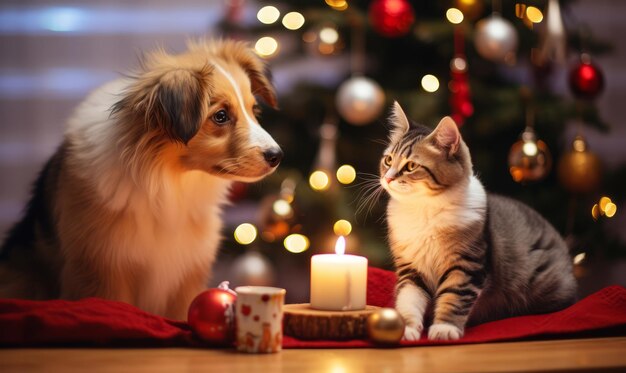 クリスマスツリーの近くでクリスマスを祝っている犬と猫