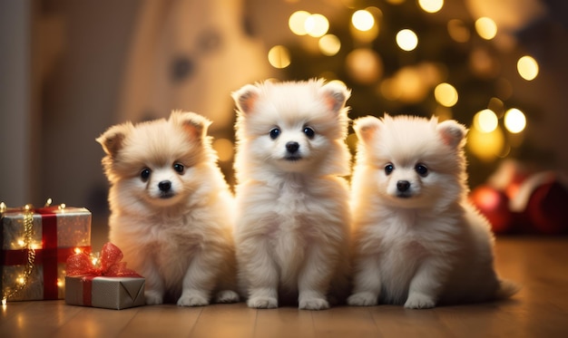 Dog and cat celebrating christmas near christmas tree