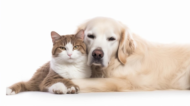 A dog and cat cuddling together.