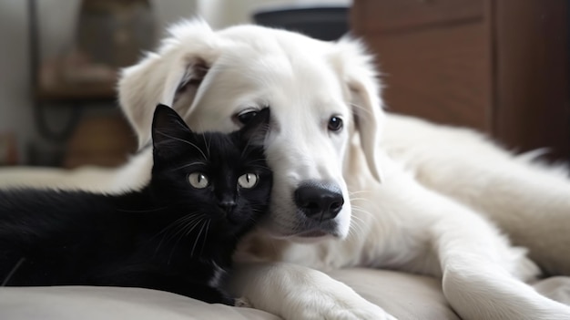 A dog and a cat cuddling together