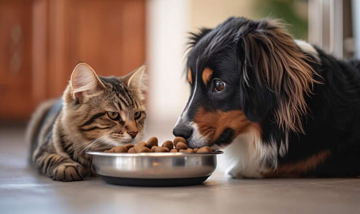 Dog and cat eating together in the kitchen