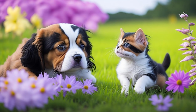 A dog and a cat in a field of flowers