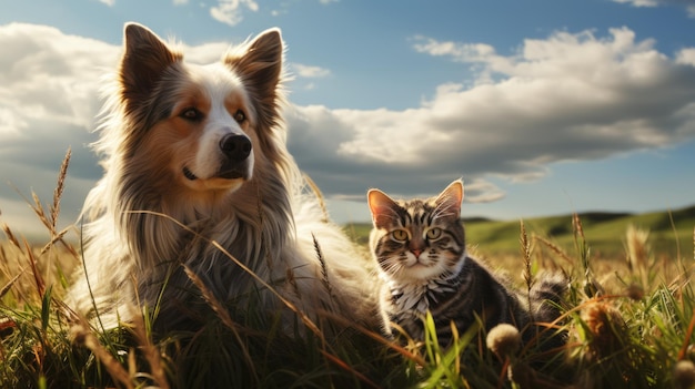 Dog and cat friends play walking outside on a meadow in the grass friendly atmosphere family love peace summer sunny day great mood joyful happy and smiling