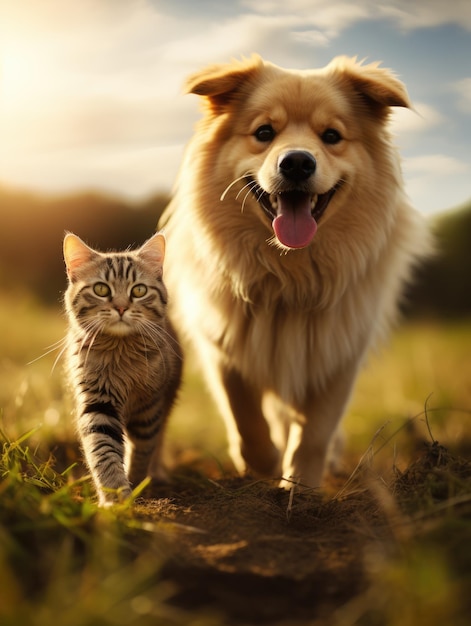 Dog and cat friends play walking outside on a meadow in the grass friendly atmosphere family love peace summer sunny day great mood joyful happy and smiling