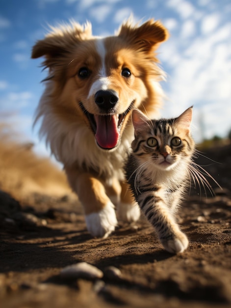 Foto amici di cani e gatti giocano camminando fuori su un prato nell'erba atmosfera amichevole famiglia amore pace giornata di sole estiva ottimo umore gioioso felice e sorridente