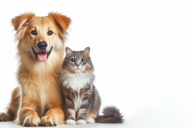 개와 고양이 친구의 초상화가 색 배경의 복사 공간에