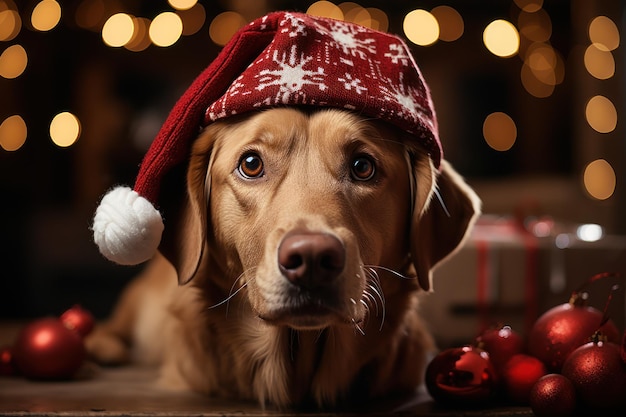 dog and cat of a kitten in a Christmas santa hat closeup Generative AI