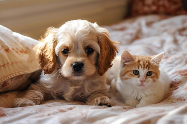 ベッドに寝そべる犬と猫