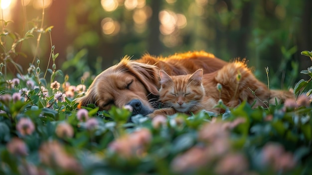 犬と猫が草の上に横たわっている