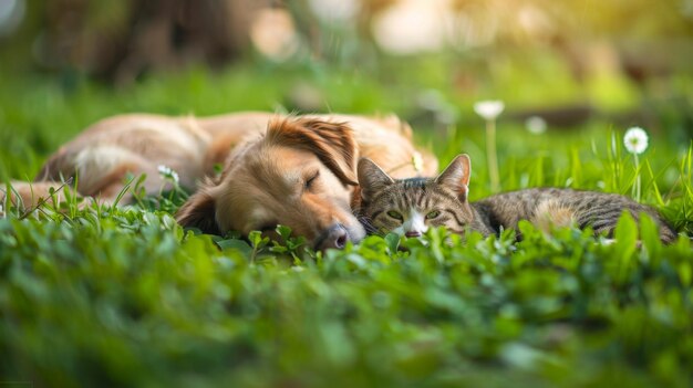 犬と猫が草の上に横たわっている