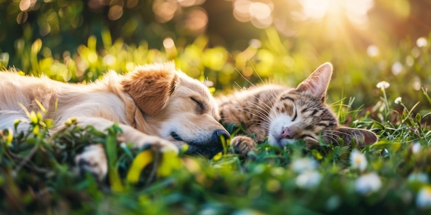 dog and cat lie on the grass Generative AI