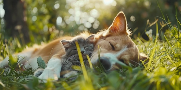 犬と猫が草の上に横たわっている 創造的なAI